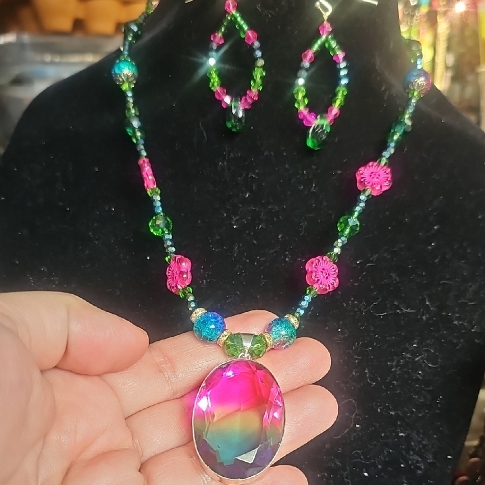 Bicolor Tourmaline Crystal Pendant Necklace with Matching Earrings